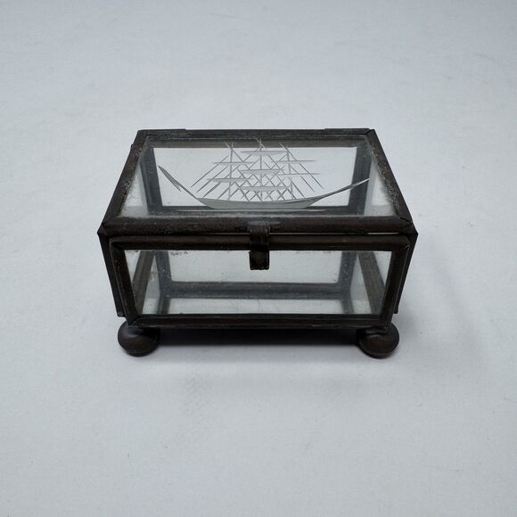 Vintage Etched Glass Brass Trinket Jewelry Box Ball Feet Sailboat Clipper Ship - Picture 1 of 6